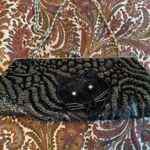 Black and Dark Olive Beaded Cat Velvet Zippered Evening Clutch/Bag NOWT